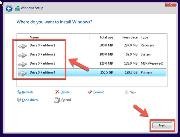 Windows 10 のインストールパーティションを選択するスクリーンショット