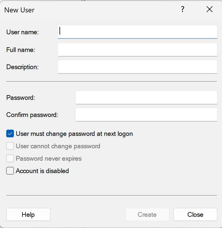 新しい Windows ユーザー ダイアログ ボックスを作成する
