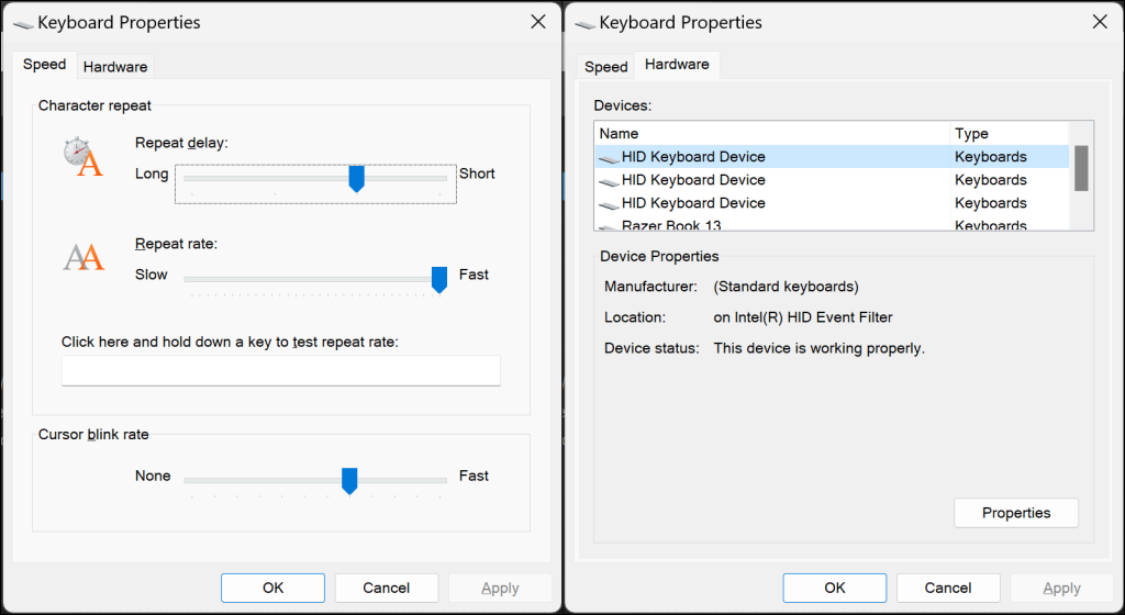 Windows 11の「キーボードのプロパティウィンドウ」