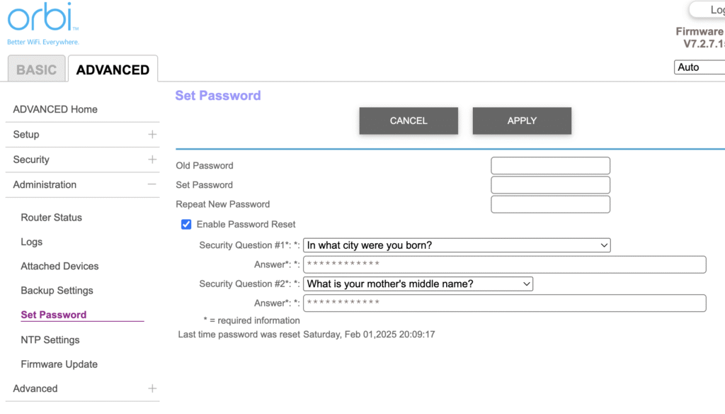 Cambia la password nelle impostazioni avanzate di Orbi