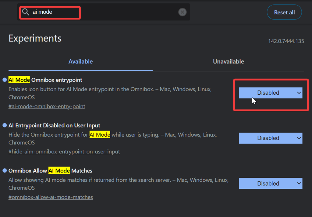 Google ChromeのAIモードが無効になっています