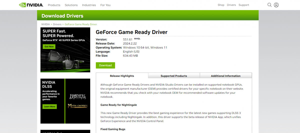 公式ドライバーが掲載されているNvidiaのウェブサイト