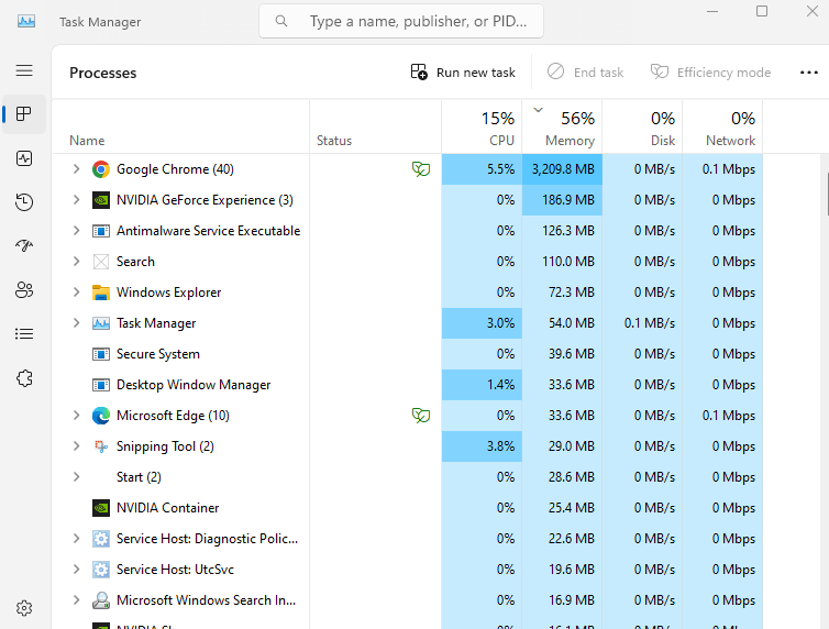 メモリ使用量でプロセスをソートした Windows タスク マネージャー