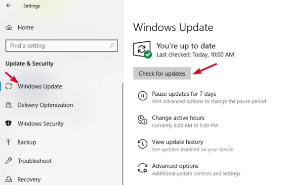 Windows Updateウィンドウの「更新プログラムの確認」ボタン