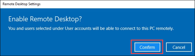 「リモート デスクトップを有効にしますか?」の確認画面。