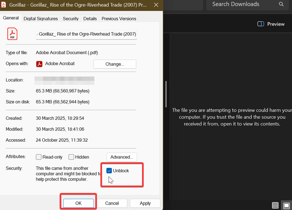 Разблокируйте файл в свойствах.