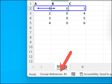 Excel視窗左下角的循環引用警告