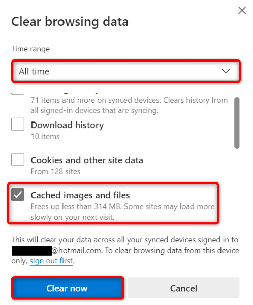 Microsoft Edge で「全期間」、「キャッシュされた画像とファイル」、および「今すぐ消去」が強調表示されます。