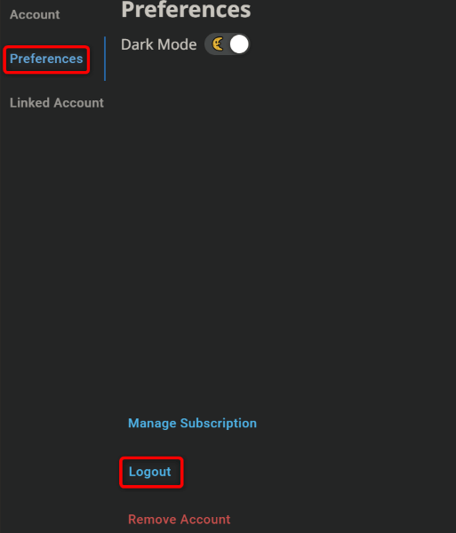 Character.ai で「設定」と「ログアウト」が強調表示されます。