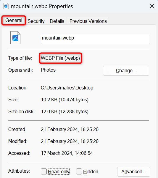 ファイルの「プロパティ」ウィンドウで、「全般」とファイルの種類が強調表示されます。