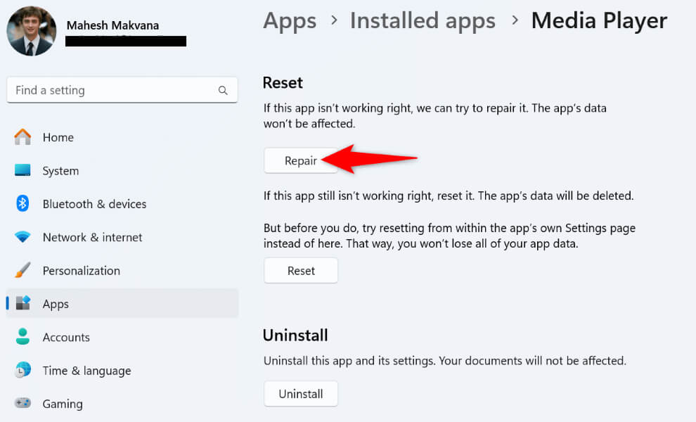 Windows 11 の設定でアプリの「修復」が強調表示されています。