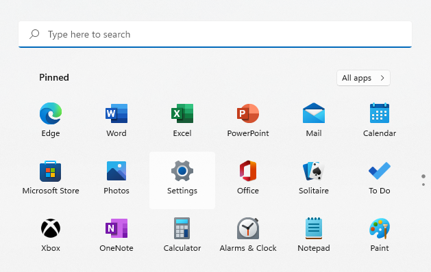 Windows のスタート メニュー、設定アイコンが選択されている