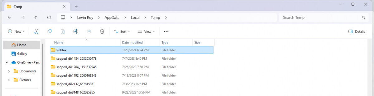 Temp内のRobloxフォルダが選択されました