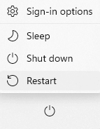 Windows のシャットダウン オプション（再起動が強調表示）