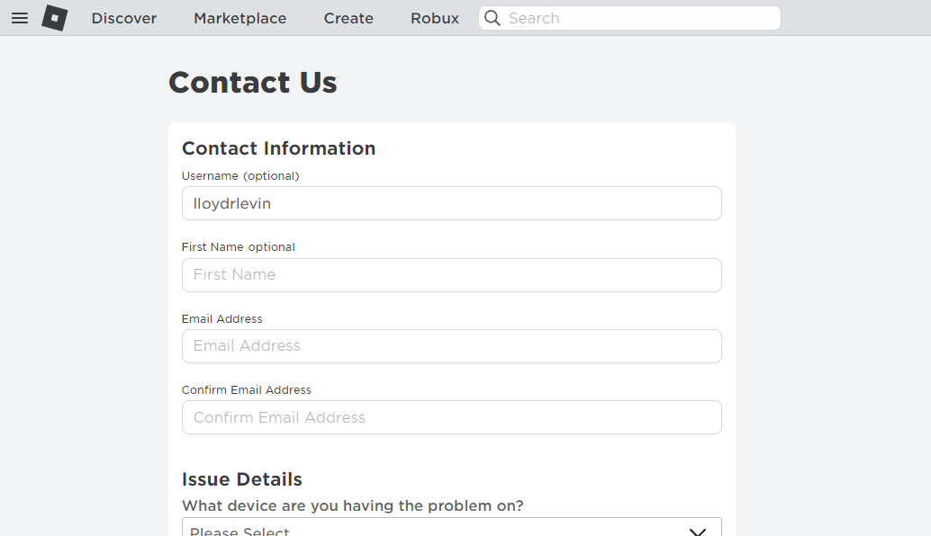 Robloxサポートフォーム