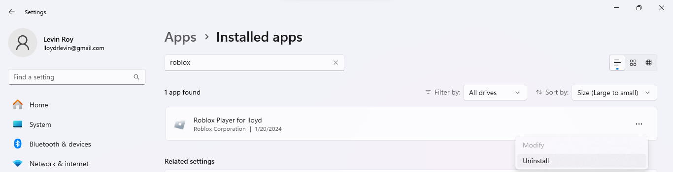 Windows設定でアプリ内のRobloxを検索