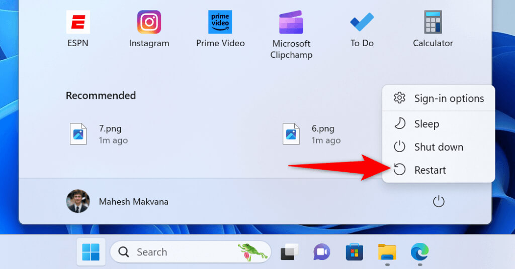Windows のスタート メニューで「再起動」が強調表示されます。