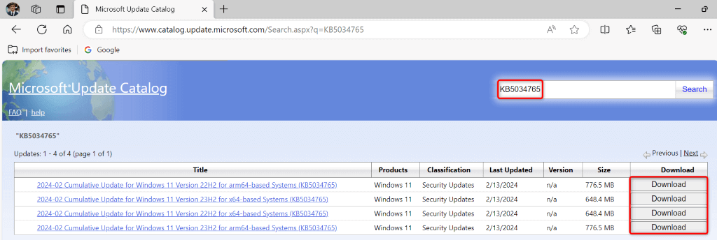 Microsoft Update カタログ Web サイトでは、検索ボックスと「ダウンロード」オプションが強調表示されます。