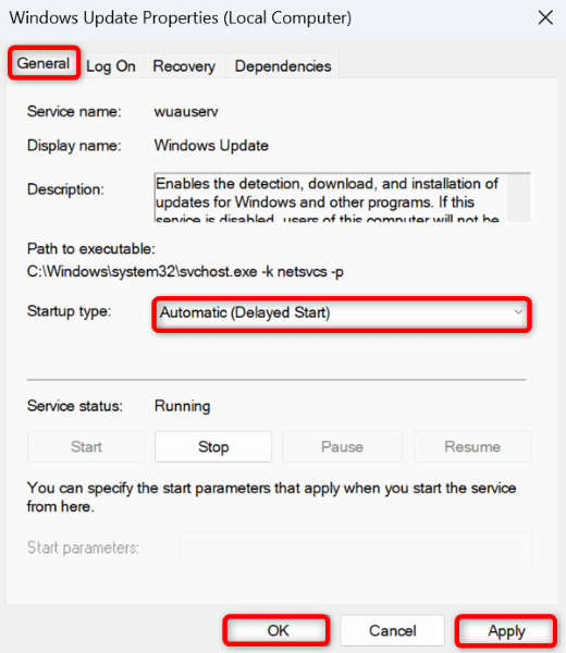 サービスで「Windows Update」のスタートアップ オプションを構成します。