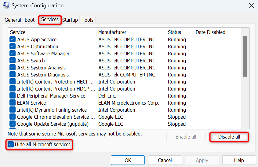 システム構成で「サービス」、「すべての Microsoft サービスを非表示にする」、および「すべて無効にする」が強調表示されます。