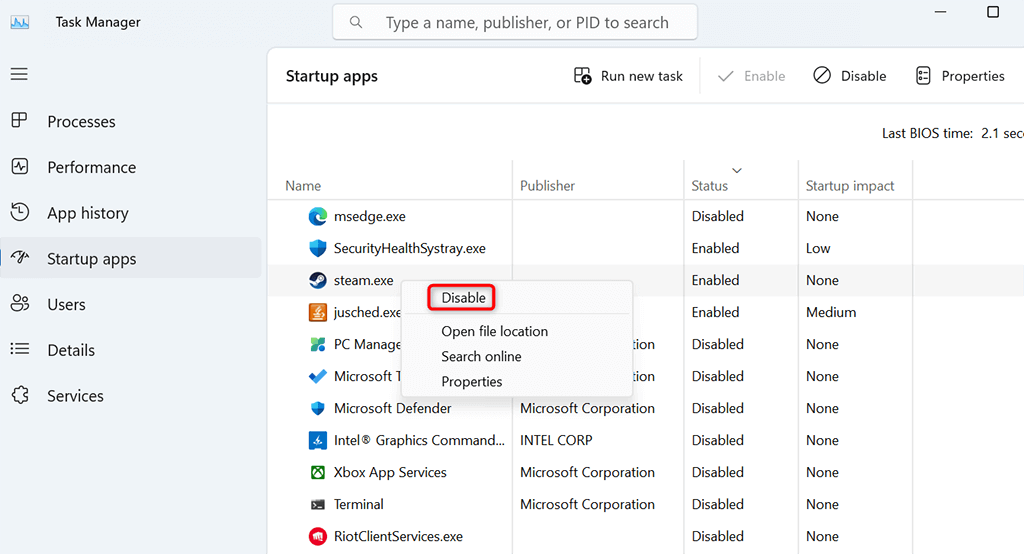 タスク マネージャーのスタートアップ アプリで「無効」が強調表示されます。