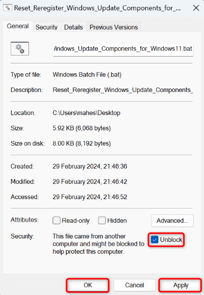 Windows Update リセット スクリプト ファイルに対して、「ブロック解除」、「適用」、「OK」が強調表示されます。