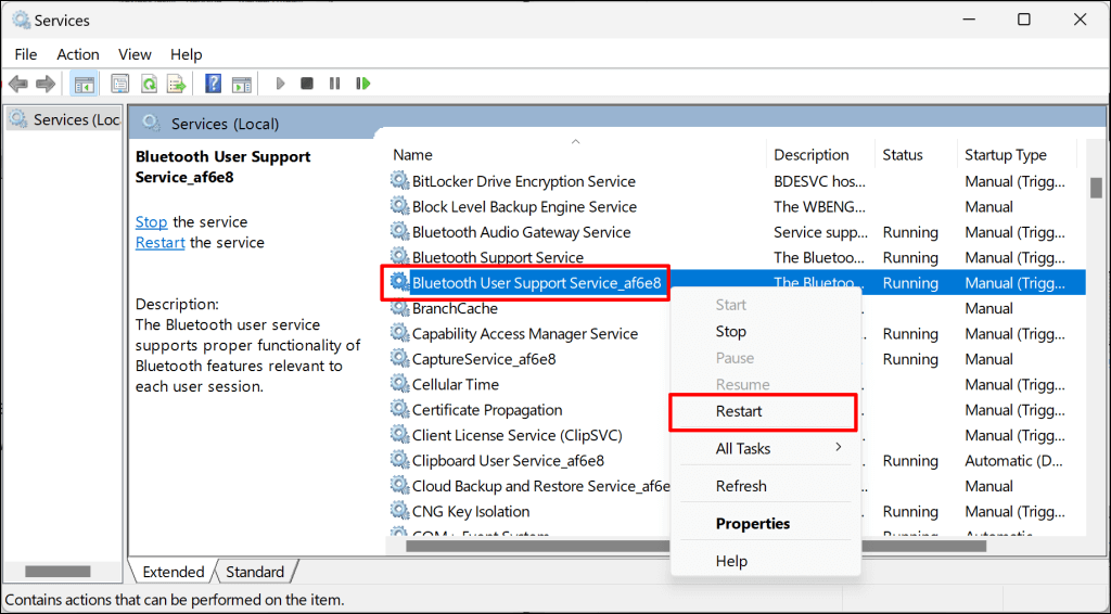 Bluetoothユーザーサポートサービスを再起動する手順