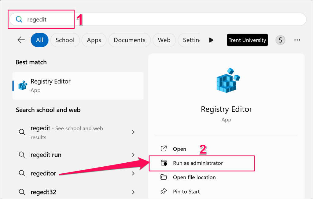 Windows 検索メニューのレジストリ エディター