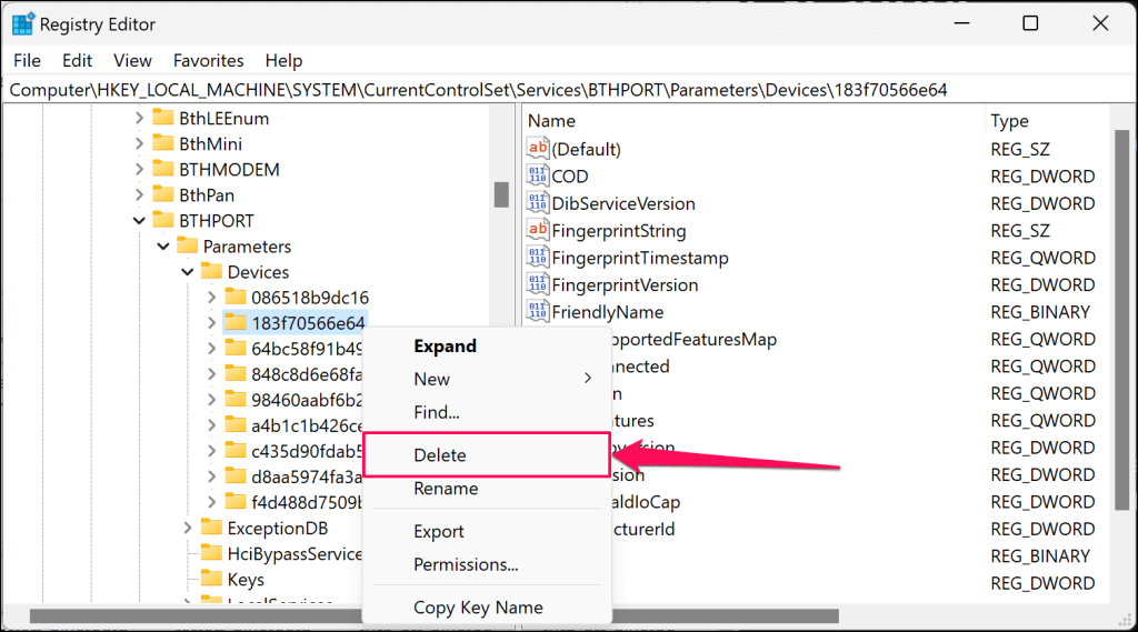 WindowsレジストリからBluetoothプロファイルを削除する手順