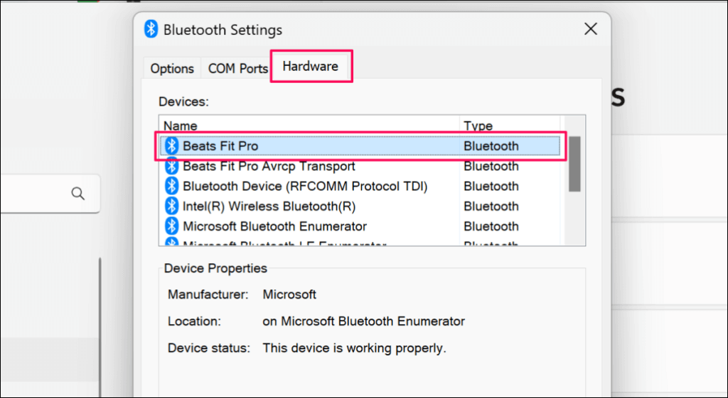 WindowsのBluetooth設定の「デバイス」タブ