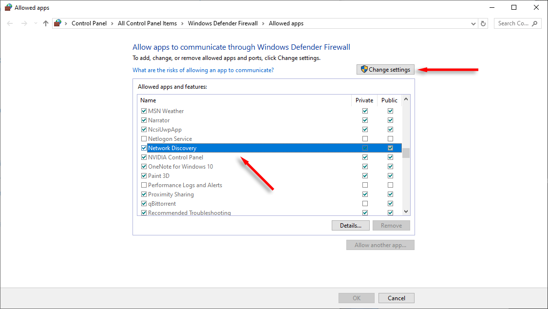 ネットワーク検出を探し、パブリック ネットワークとプライベート ネットワークの両方で選択されていることを確認します。
