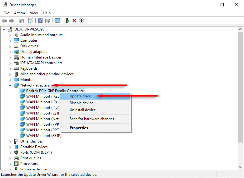 各ネットワーク アダプタを右クリックし、[ドライバーの更新] をクリックします。