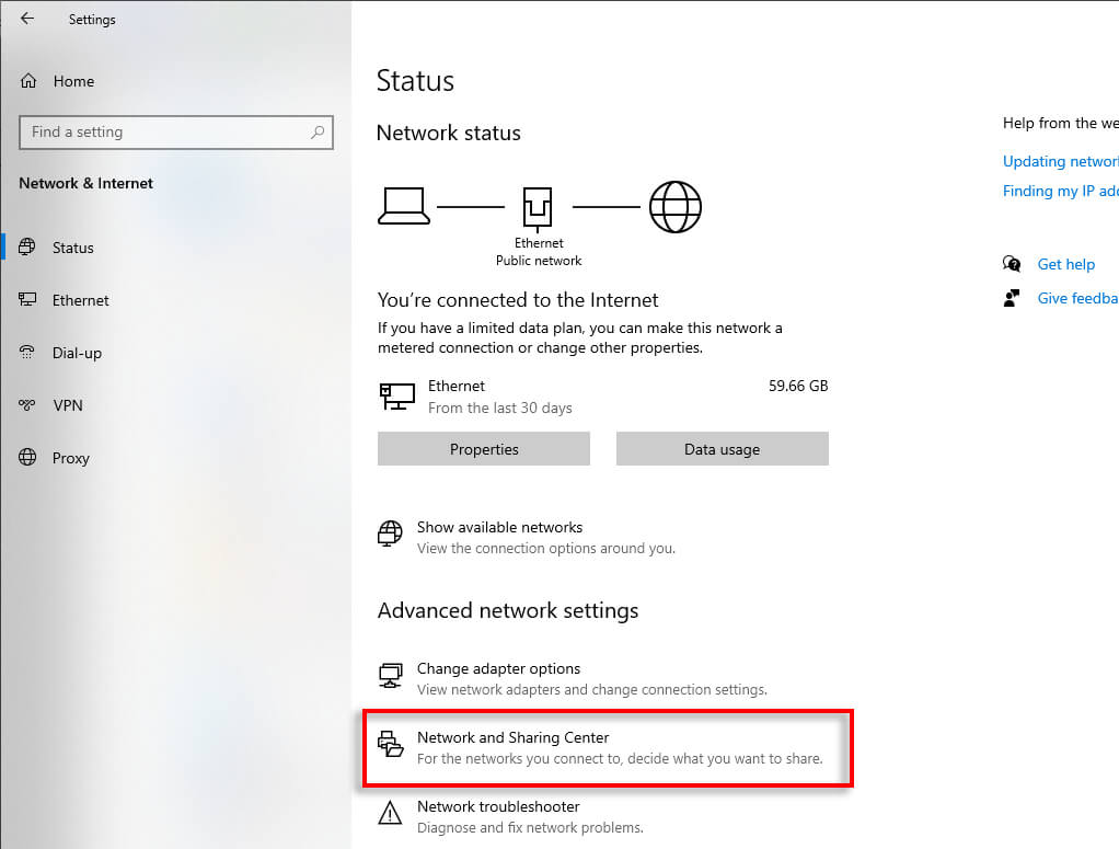 ネットワークと共有センターを選択