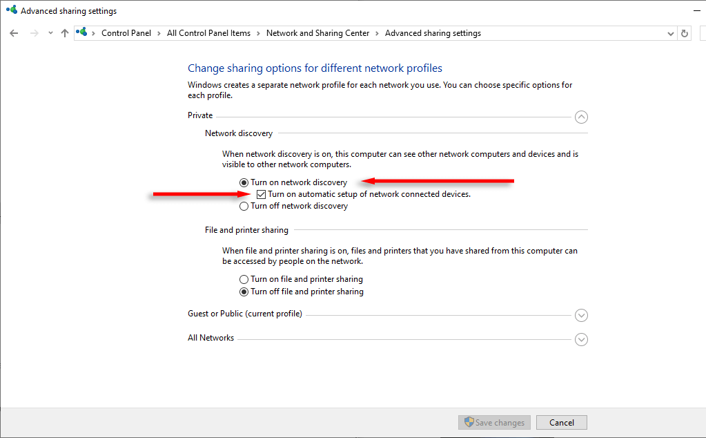 プライベートネットワークとパブリックネットワークの両方を選択し、ネットワーク検出をオンにします。