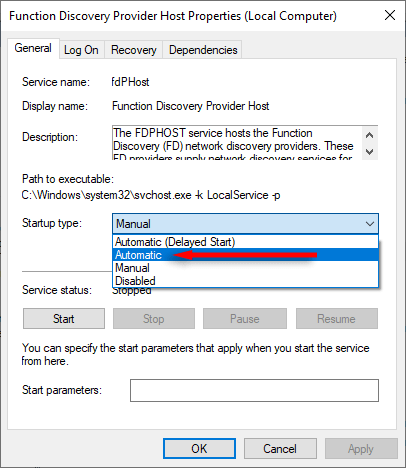 スタートアップの種類で自動を選択します