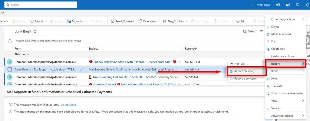 اضغط على النقاط الثلاث في الجزء العلوي من البريد الإلكتروني، ثم اضغط على إبلاغ > الإبلاغ عن التصيد الاحتيالي.