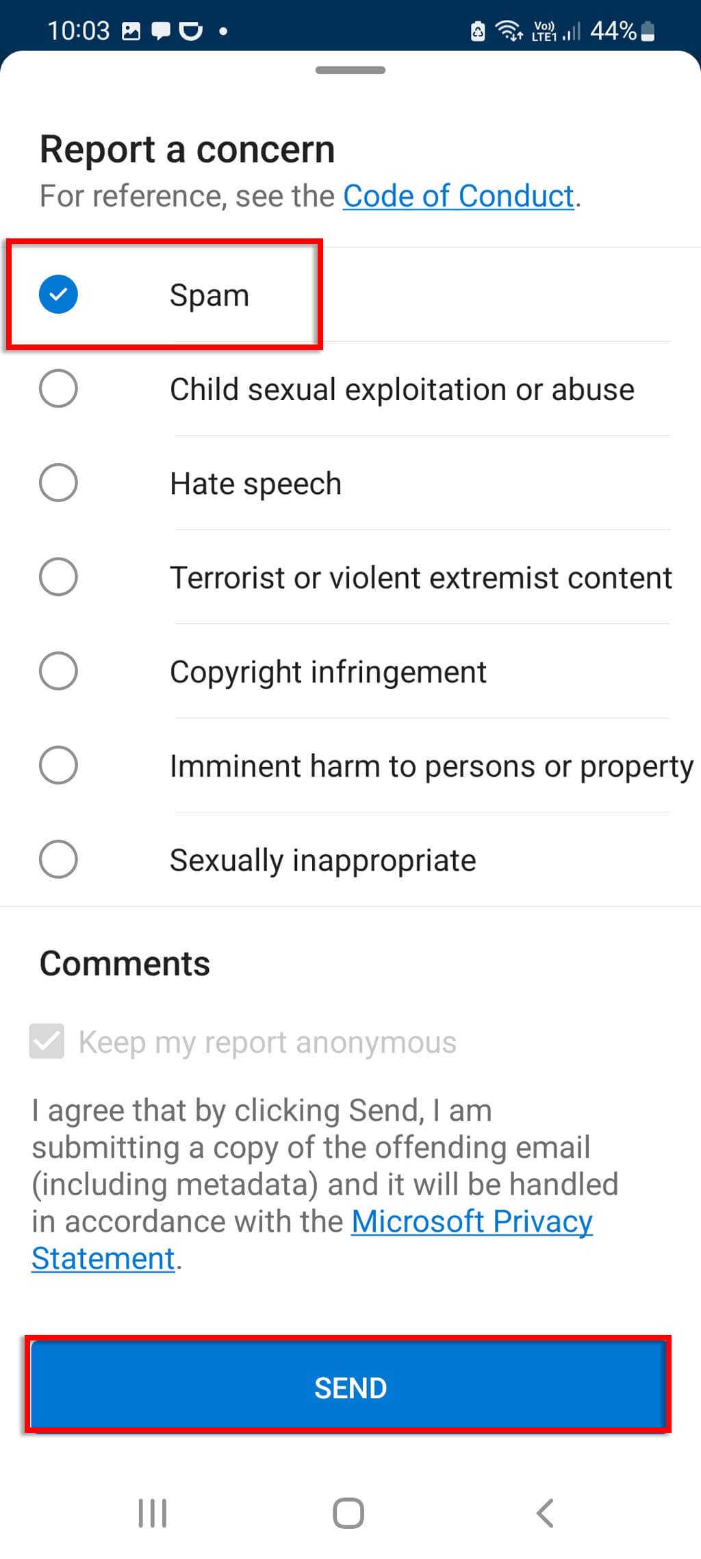 حدد Spam، ثم اضغط إرسال.