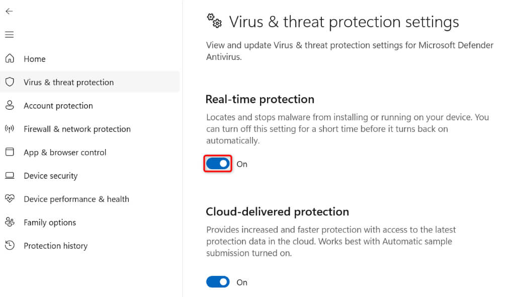 Windows セキュリティで「リアルタイム保護」が強調表示されます。