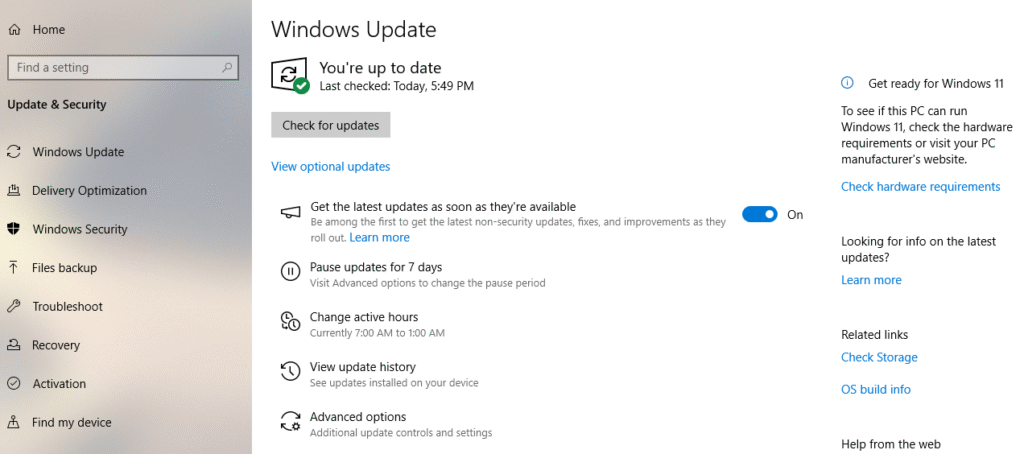 Windows 10 の Windows Update インターフェース