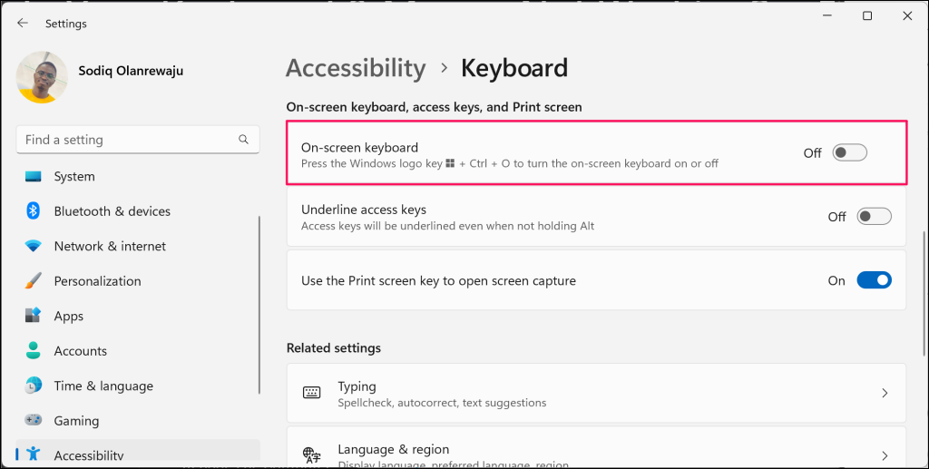 Windows設定メニューのオンスクリーンキーボード