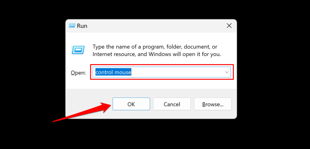 Windowsの[ファイル名を指定して実行]ダイアログボックスの「マウスの制御」コマンド