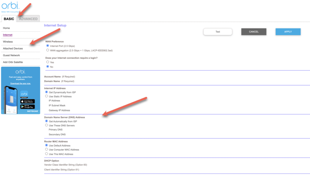 Impostazioni di base di Orbi Configurazione Internet