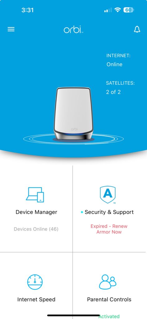 Pagina iniziale dell'app Orbi per iPhone