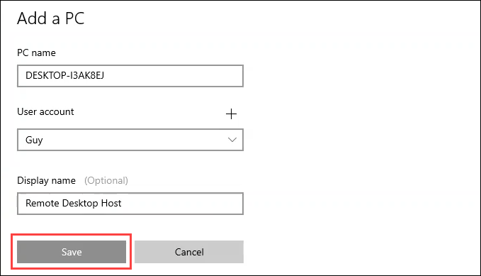PC にリモート接続するための詳細を入力します。