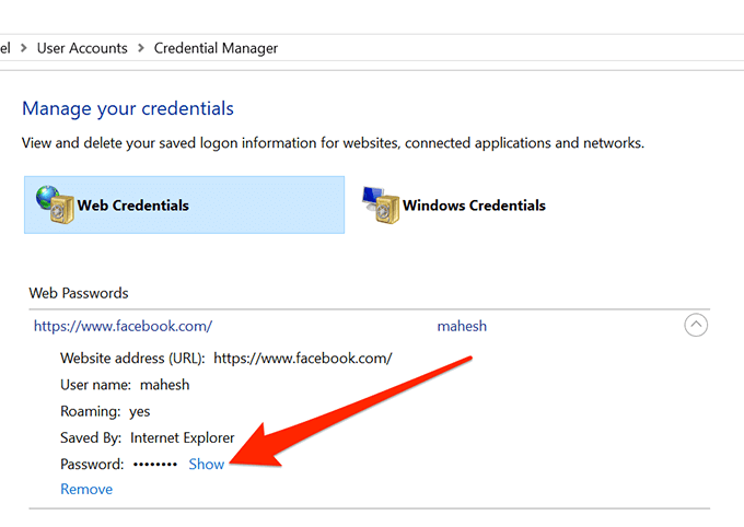 資格情報マネージャーを使用して保存された Windows パスワードを表示する (画像 5)