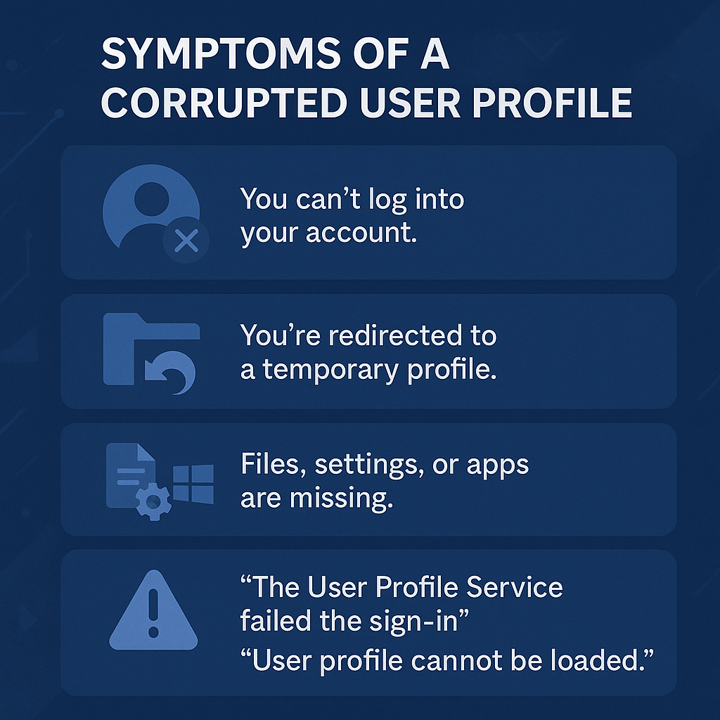 破損したユーザープロファイルの症状 