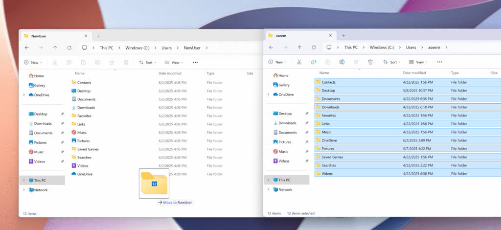 2つのユーザープロファイル間でファイルを転送する