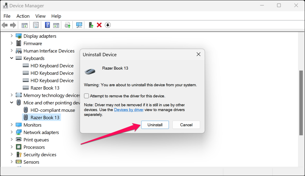 Windows デバイス マネージャーには、マウス ドライバーのデバイス アンインストール ウィンドウがあります。