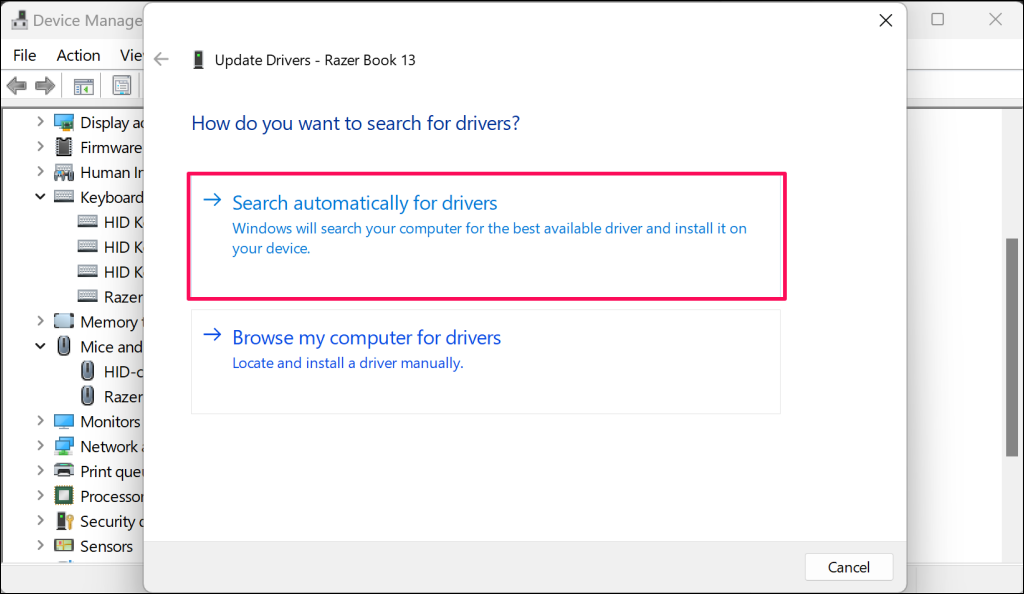 デバイス マネージャーのドライバー更新の「ドライバーを自動的に検索する」オプション