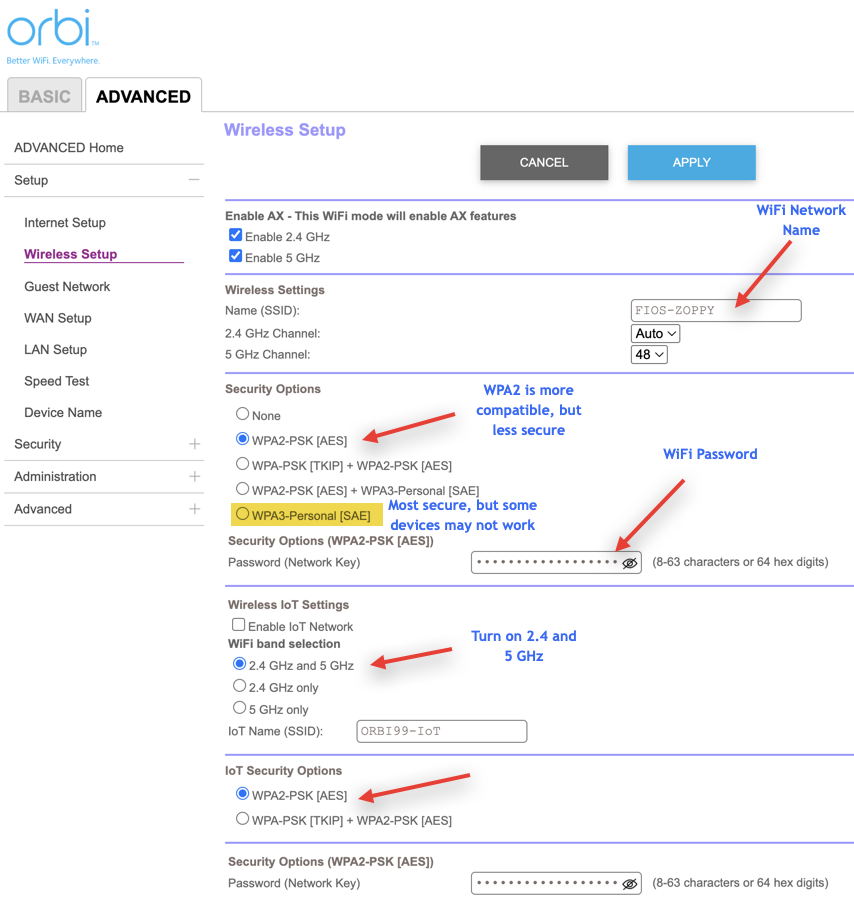 finestra di dialogo delle impostazioni di configurazione wireless